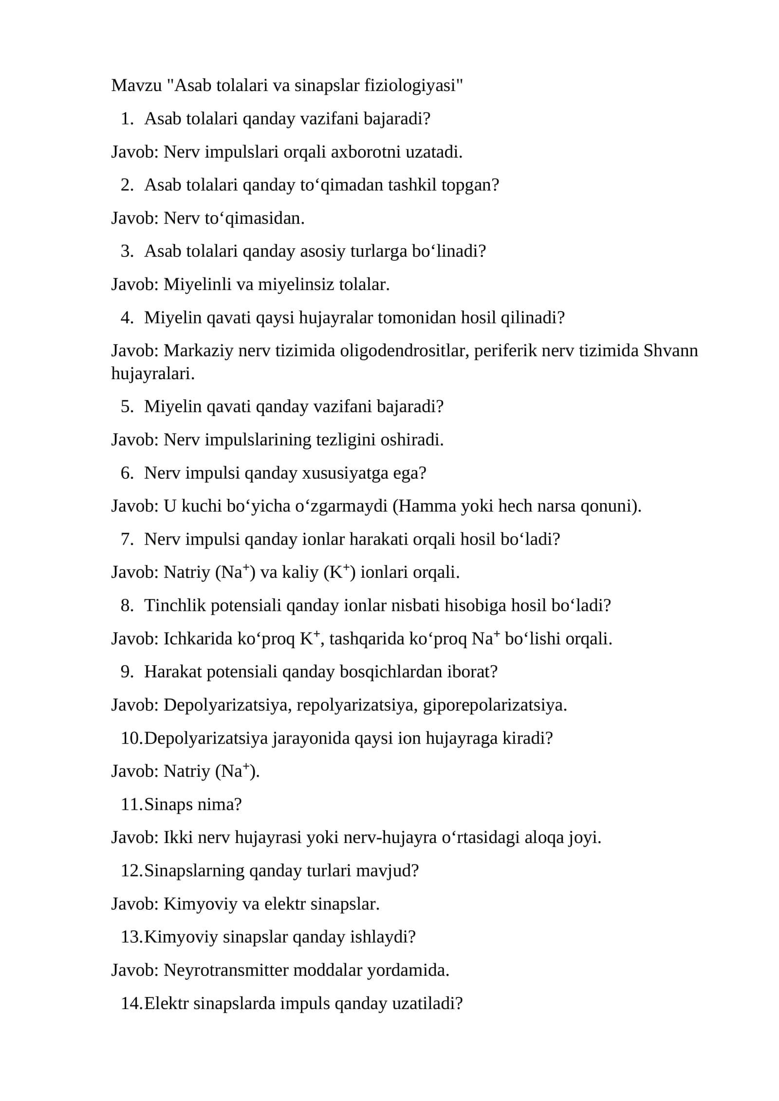Asab tolalari va sinapslar fiziologiyasi