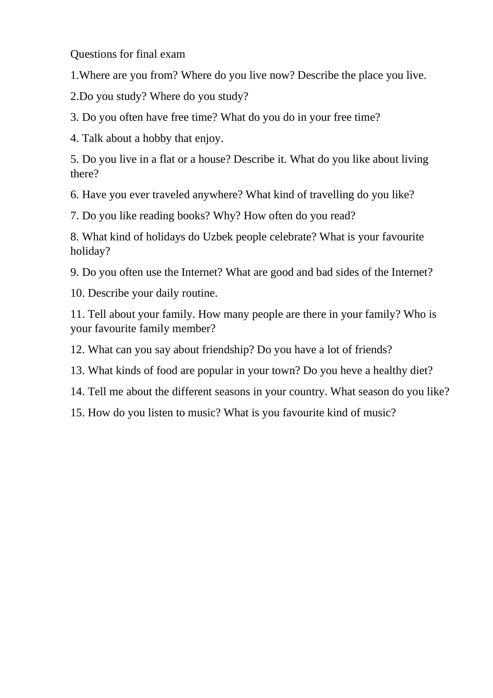 Questions for final exam