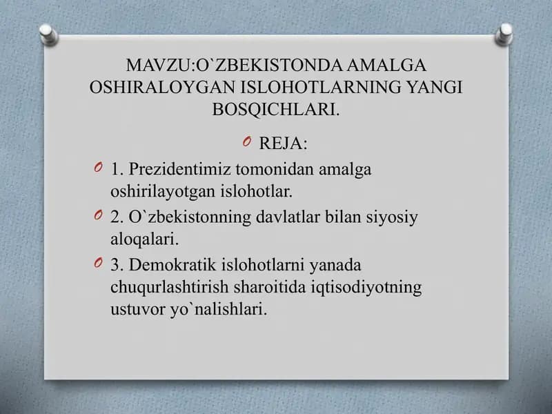 O`ZBEKISTONDA AMALGA OSHIRALOYGAN ISLOHOTLARNING YANGI BOSQICHLARI