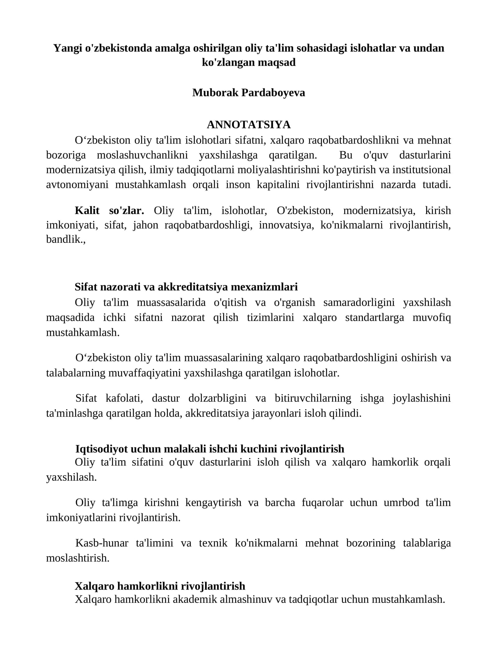 Yangi o'zbekistonda amalga oshirilgan oliy ta'lim sohasidagi islohatlar va undan ko'zlangan maqsad