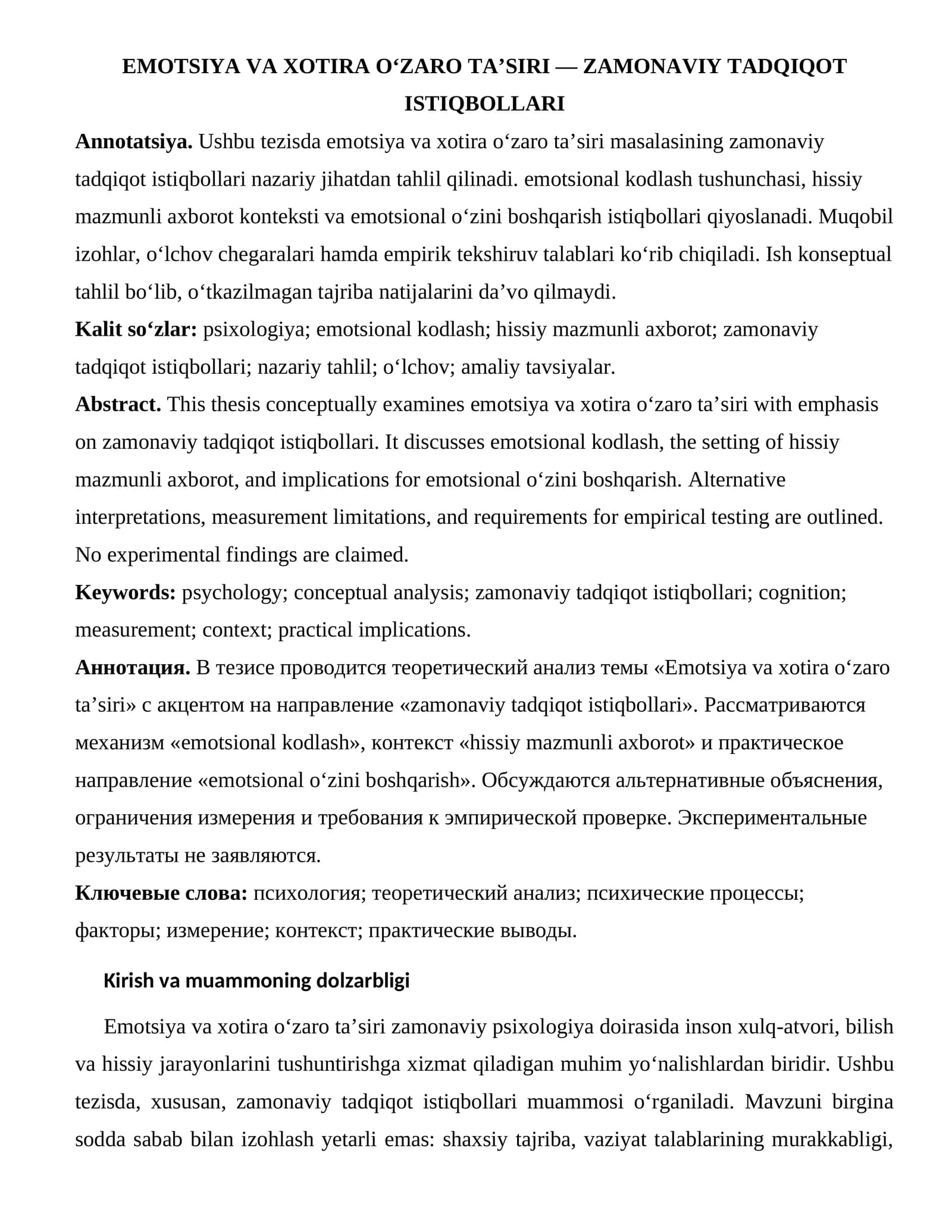 EMOTSIYA VA XOTIRA O‘ZARO TA’SIRI — ZAMONAVIY TADQIQOT ISTIQBOLLARI