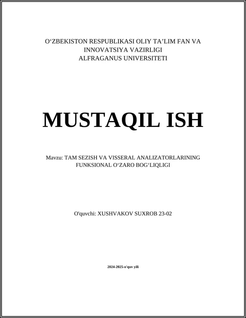 TAM SEZISH VA VISSERAL ANALIZATORLARINING FUNKSIONAL OʻZARO BOGʻLIQLIGI
