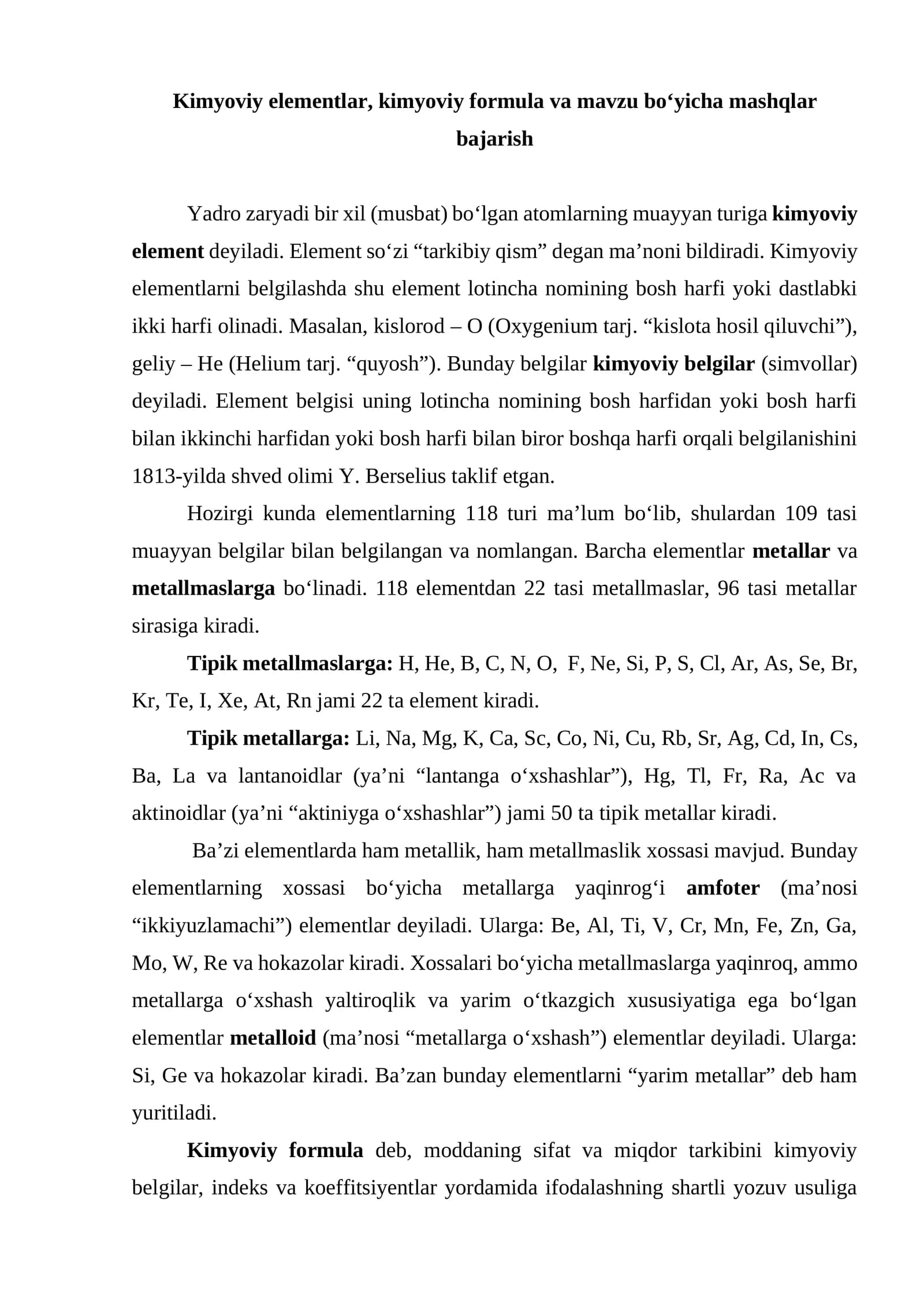 Kimyoviy elementlar, kimyoviy formula va mashqlar