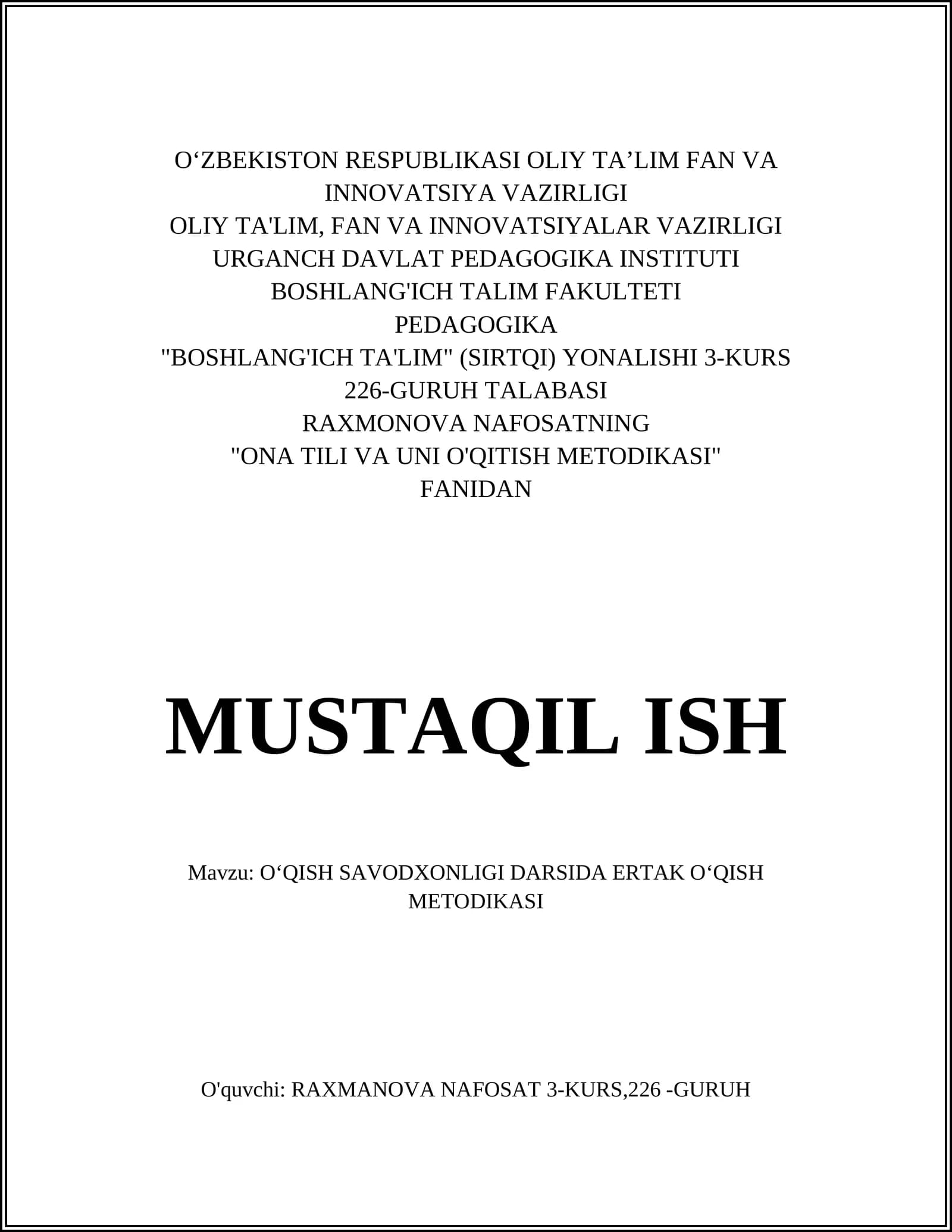 OʻQISH SAVODXONLIGI DARSIDA ERTAK OʻQISH METODIKASI