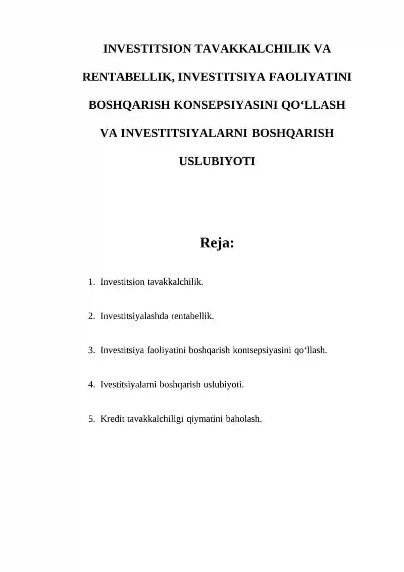 Investitsion Tavakkalchilik va Rentabellik