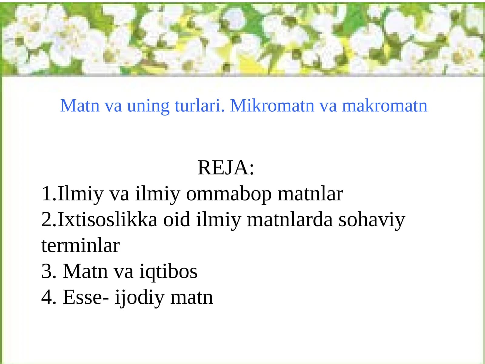 Matn va uning turlari. Mikromatn va makromatn