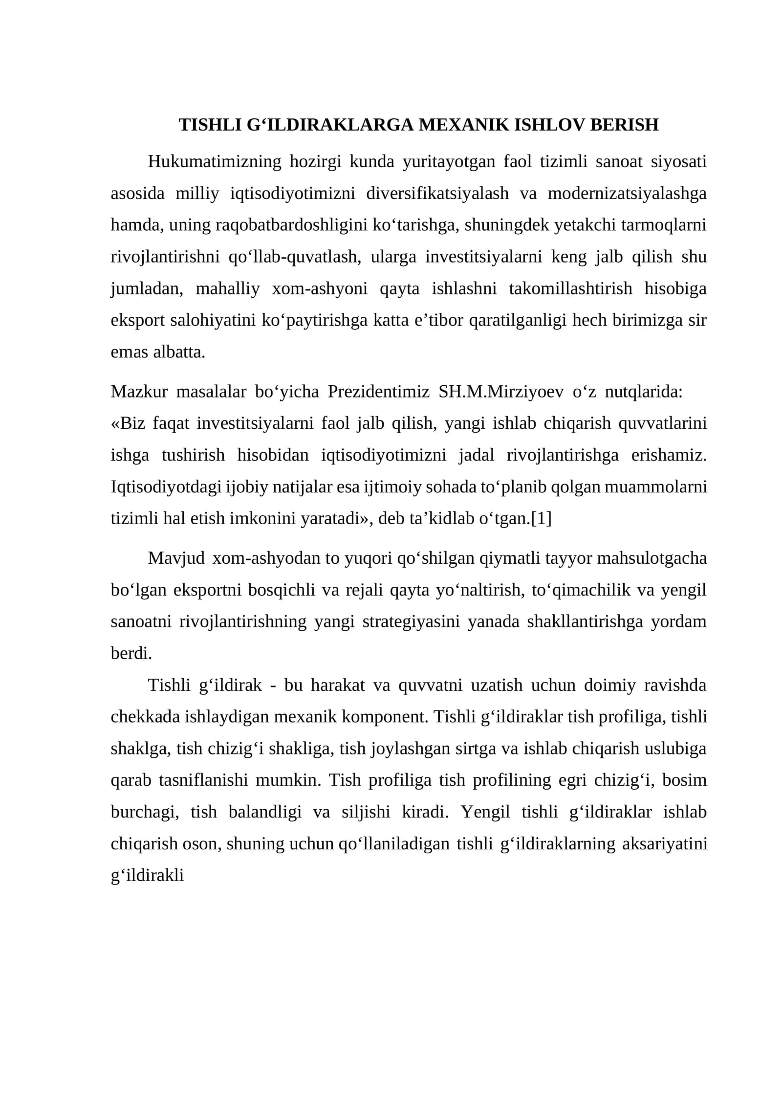 Tishli G‘ildiraklarga Mexanik Ishlov Berish