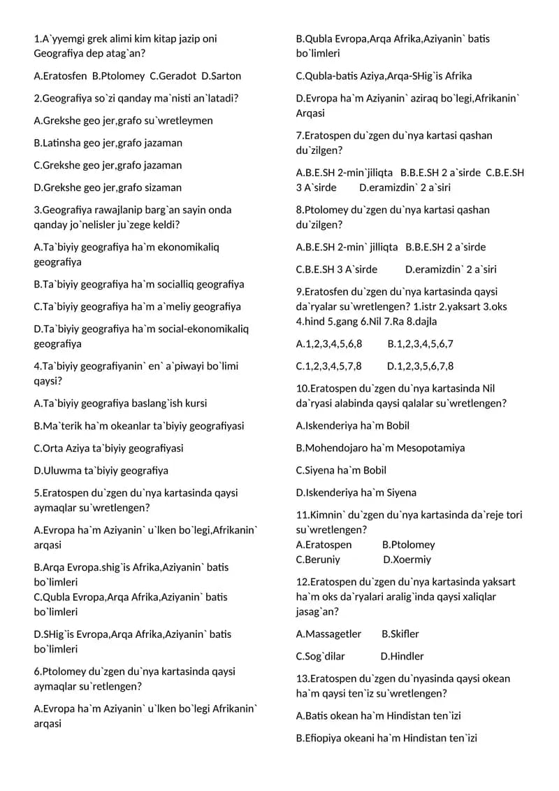 Geografiya Test Savol javoblari