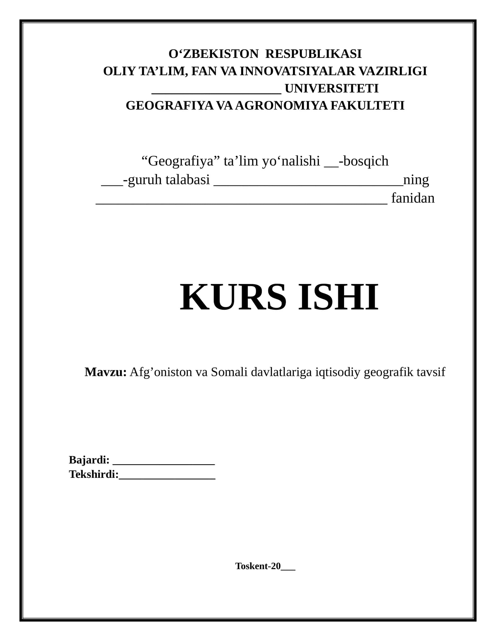 Afg’oniston va Somali davlatlariga iqtisodiy geografik tavsif