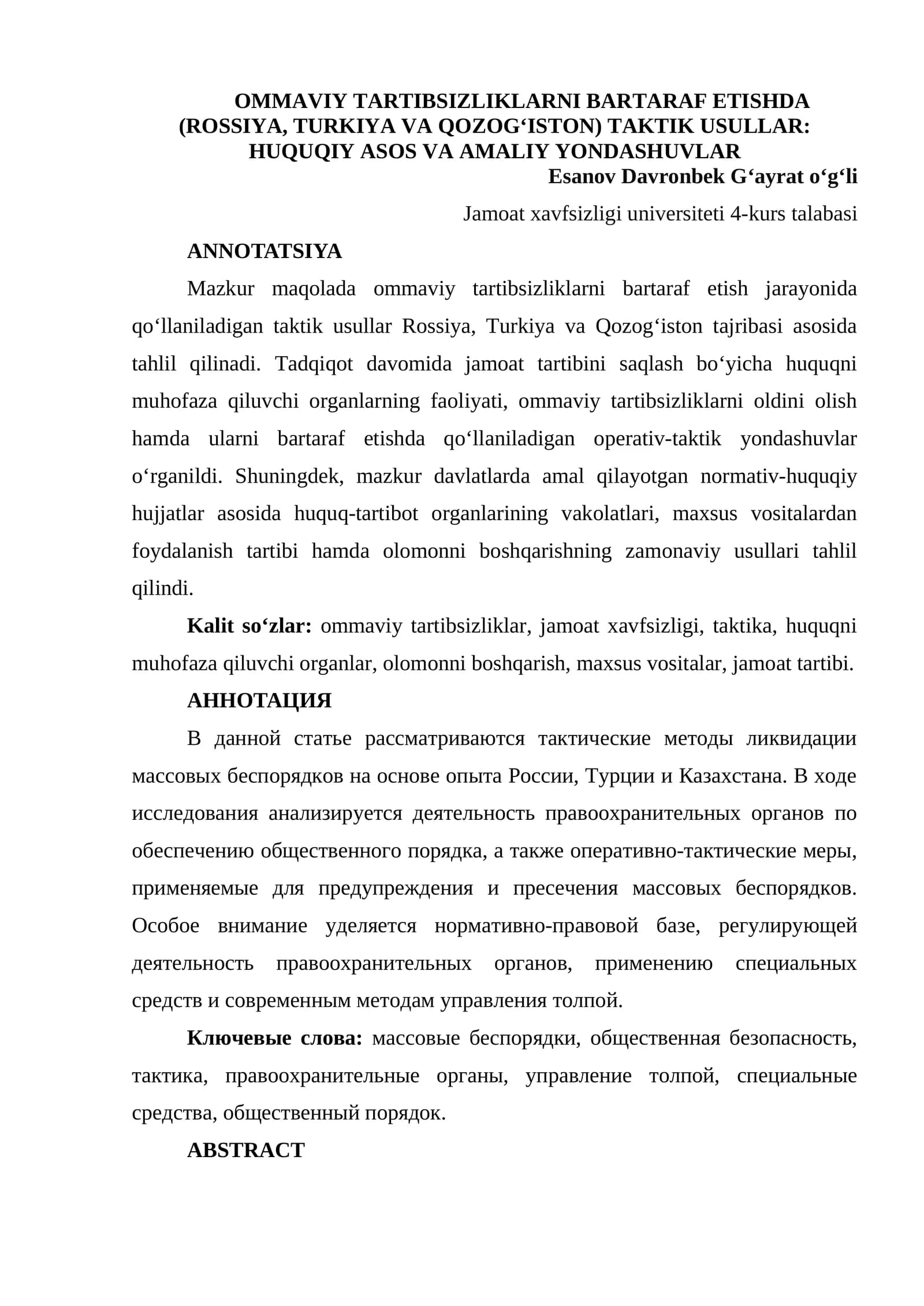OMMAVIY TARTIBSIZLIKLARNI BARTARAF ETISHDA (ROSSIYA, TURKIYA VA QOZOG‘ISTON) TAKTIK USULLAR: HUQUQIY ASOS VA AMALIY YONDASHUVLAR