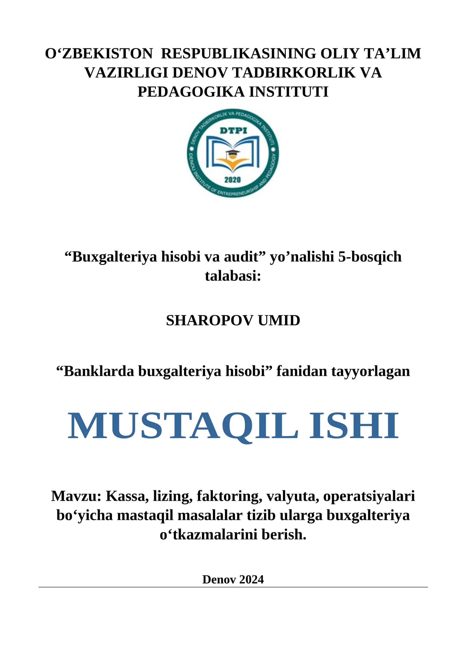 "Buxgalteriya hisobi va audit" yo’nalishi 5-bosqich