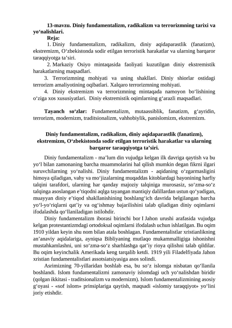 Diniy fundamentalizm, radikalizm va terrorizmning tarixi va yo‘nalishlari
