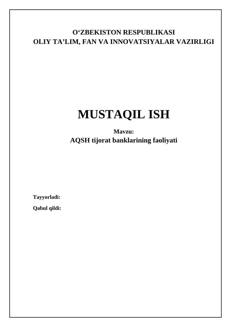 AQSH tijorat banklarining faoliyati