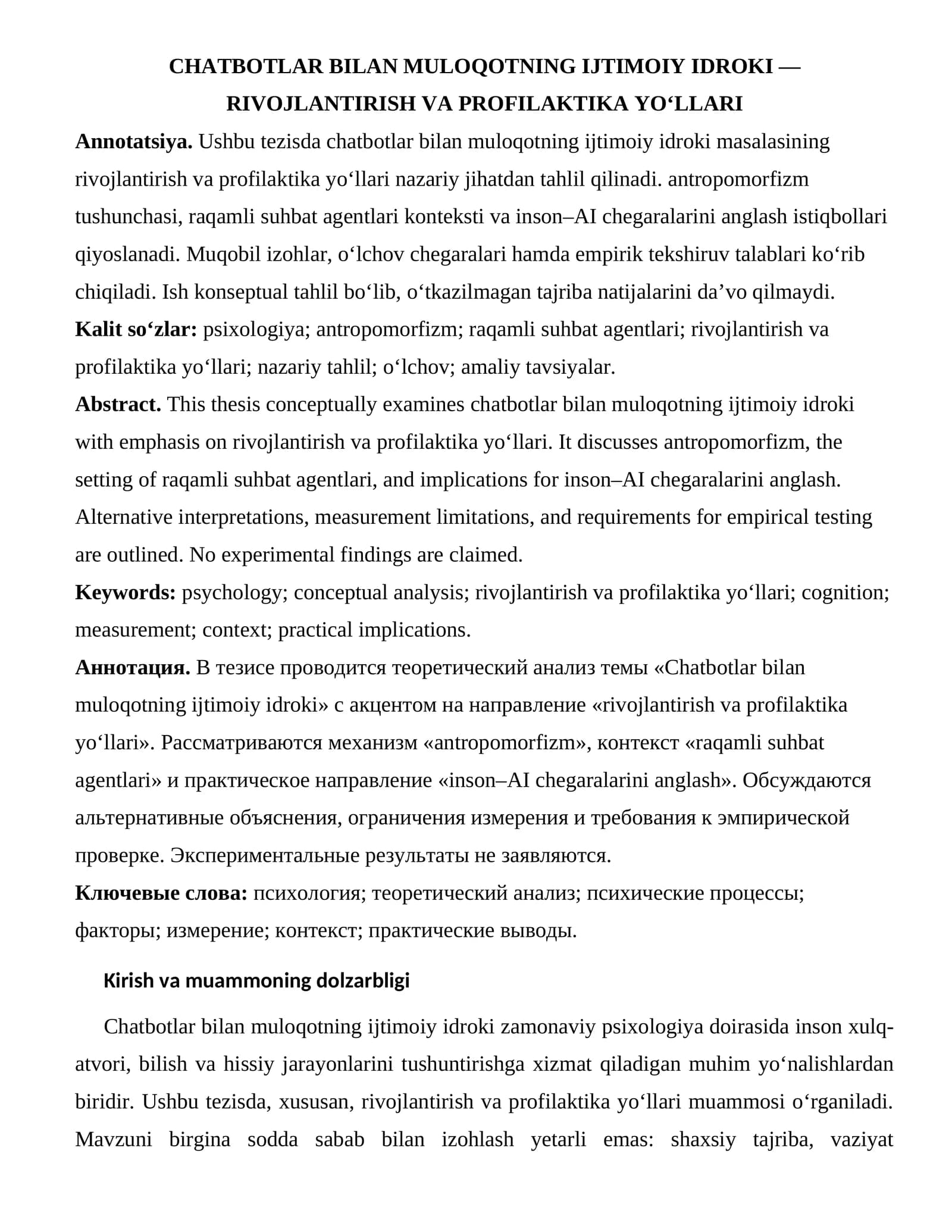 CHATBOTLAR BILAN MULOQOTNING IJTIMOIY IDROKI RIVOJLANTIRISH VA PROFILAKTIKA YO‘LLARI