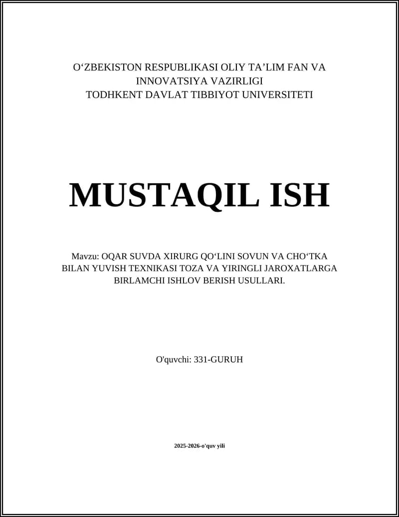 Oqargan suvda xirurg qo‘lini sovun va cho‘tka bilan yuvish