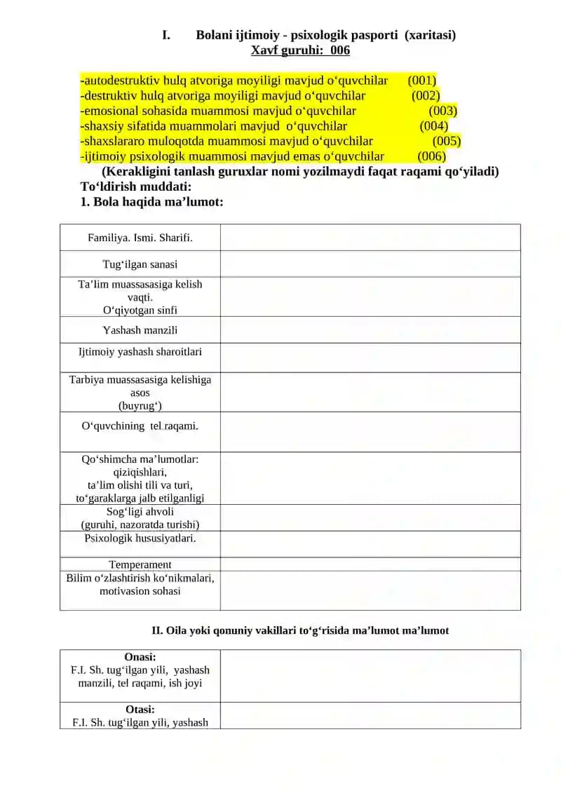 Bolani ijtimoiy - psixologik pasporti (xaritasi)