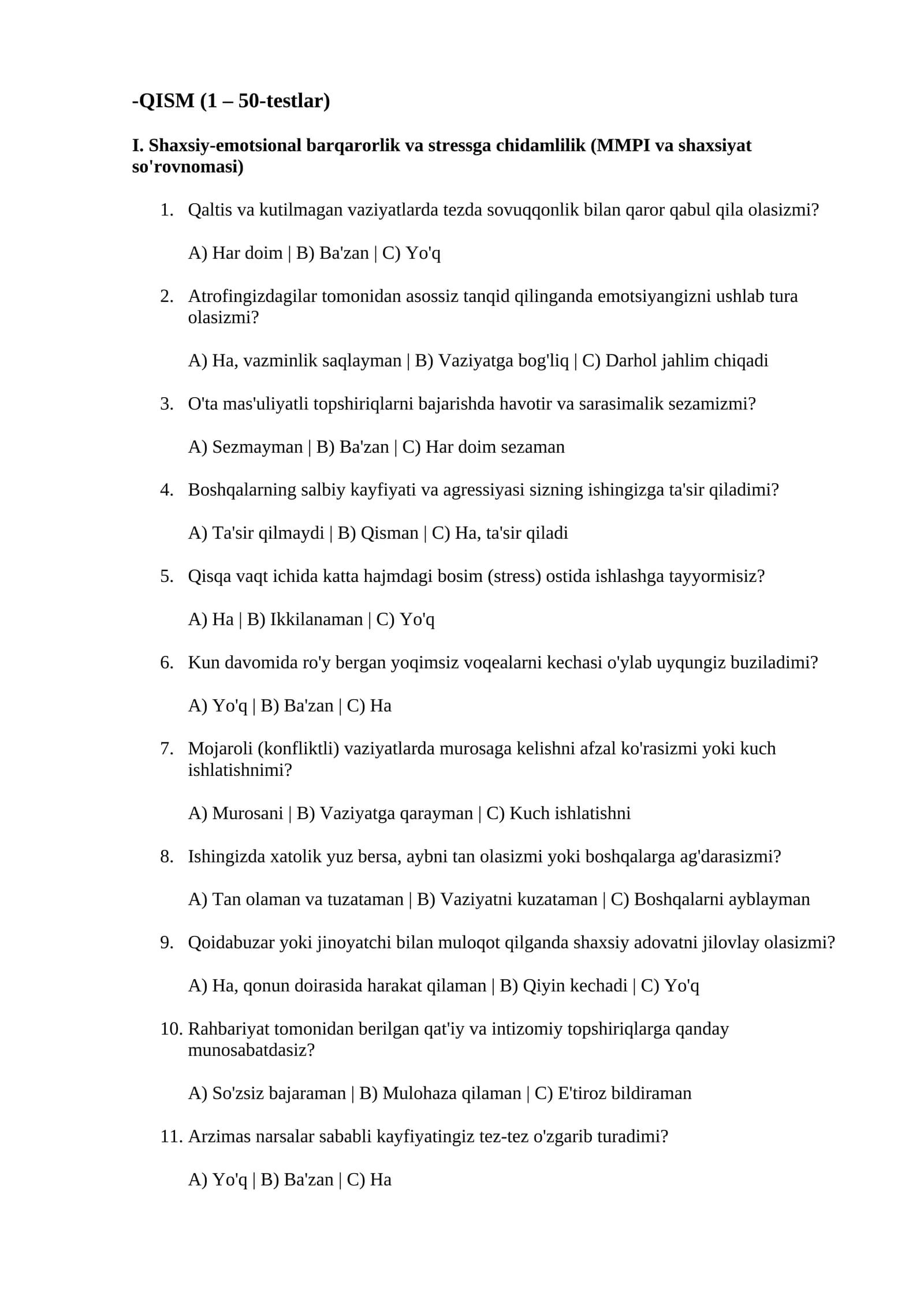 ichki ishlaraga kiruvchialar uchun 300ta psixologik testlar to'plami