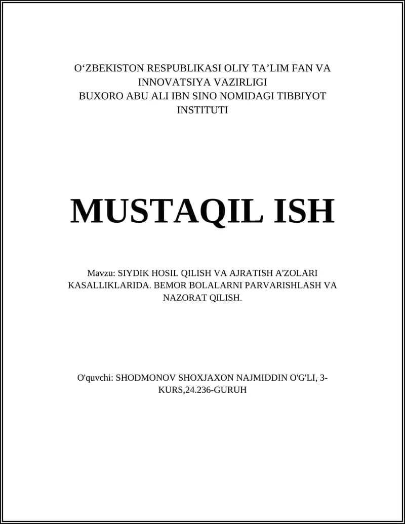 SIYDIK HOSIL QILISH VA AJRATISH A'ZOLARI KASALLIKLARIDA