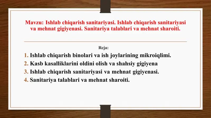 Ishlab chiqarish sanitariyasi. Ishlab chiqarish sanitariyasi va mehnat gigiyenasi. Sanitariya talablari va mehnat sharoiti.