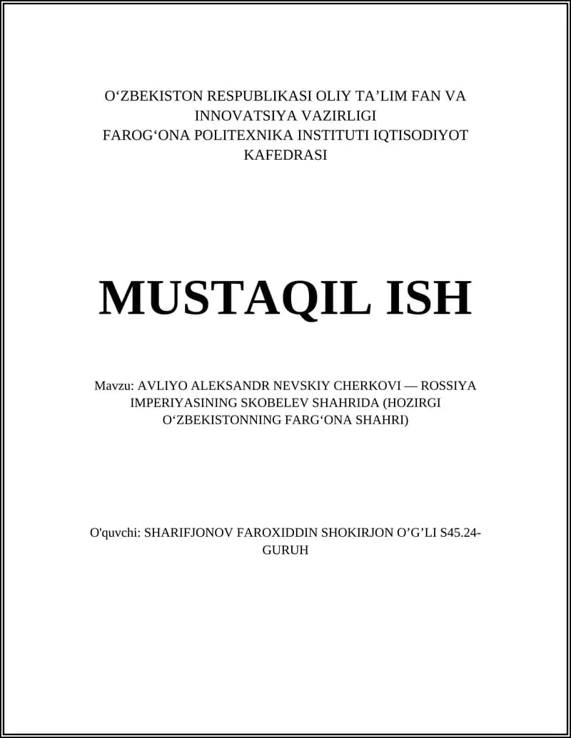 AVLIYO ALEKSANDR NEVSKIY CHERKOVI — ROSSIYA IMPERIYASINING SKOBELEV SHAHRIDA (HOZIRGI OʻZBEKISTONNING FARGʻONA SHAHRI)