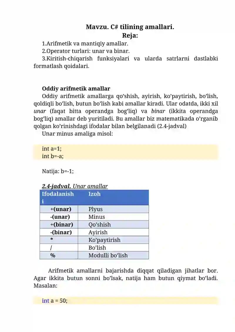 C# tilining amallari