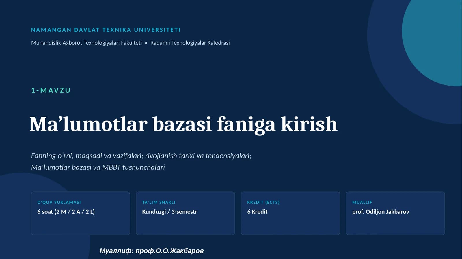 Ma’lumotlar bazasi faniga kirish