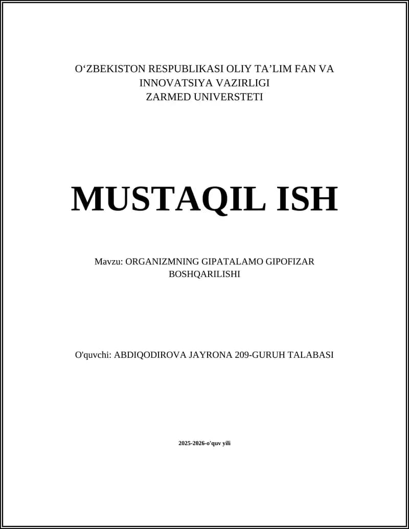 ORGANIZMNING GIPOTALAMO GIPOFIZAR BOSHQARILISHI