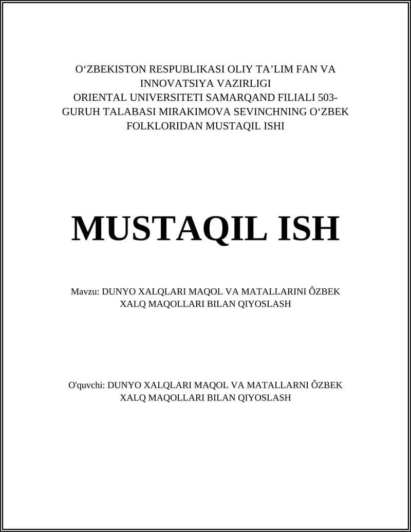 DUNYO XALQLARI MAQOL VA MATALLARINI ÔZBEK XALQ MAQOLLARI BILAN QIYOSLASH