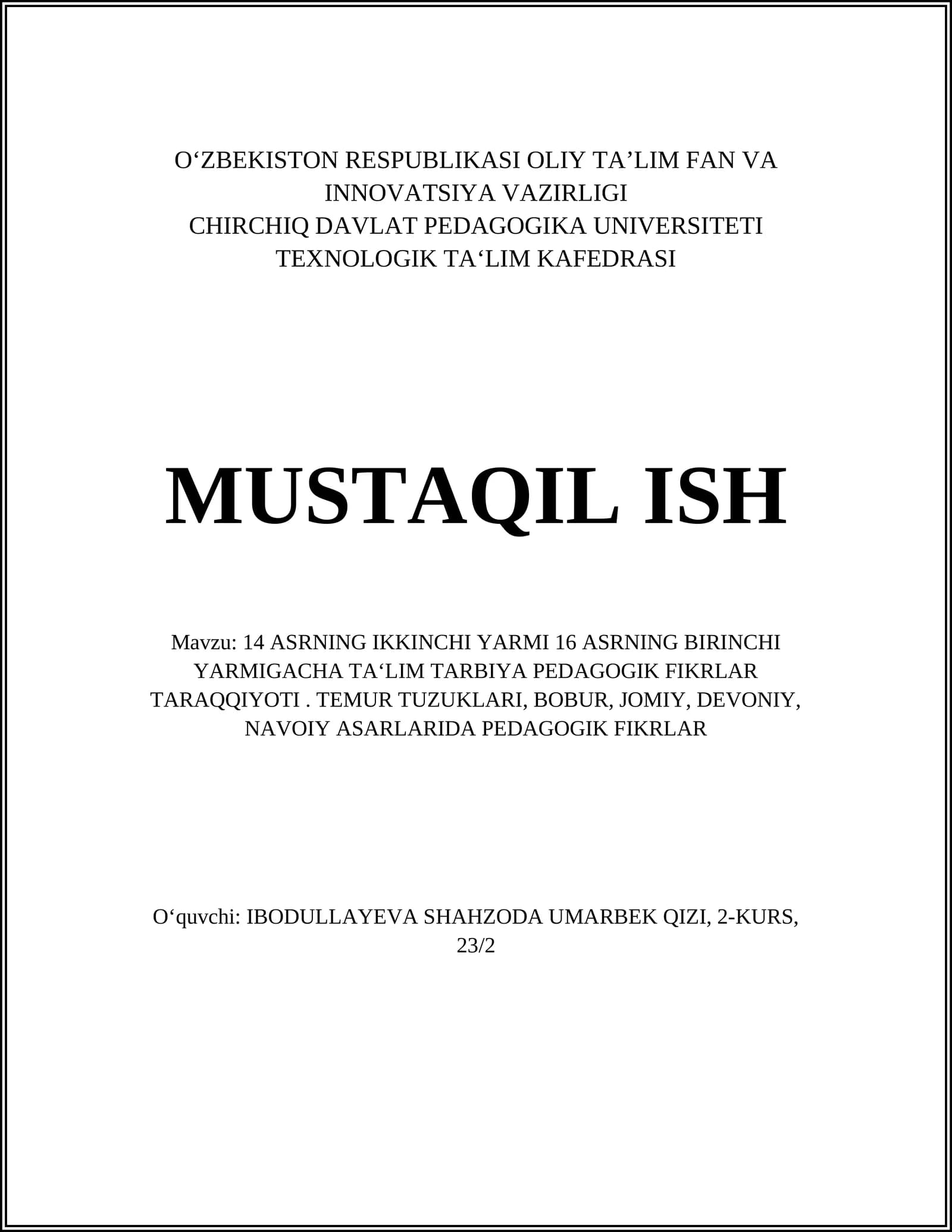 Temur Tuzuklari va Undagi Ta'lim-Tarbiya G'oyalari