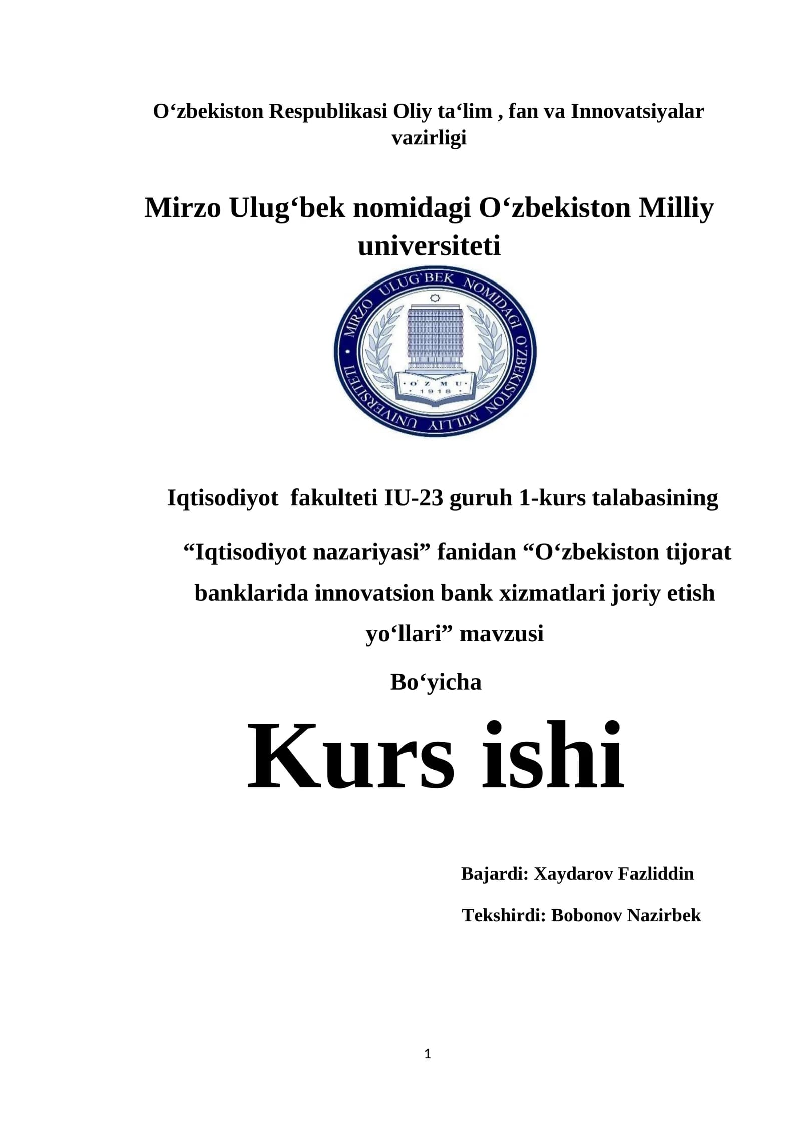 O‘zbekiston tijorat banklarida innovatsion bank xizmatlari joriy etish yo‘llari