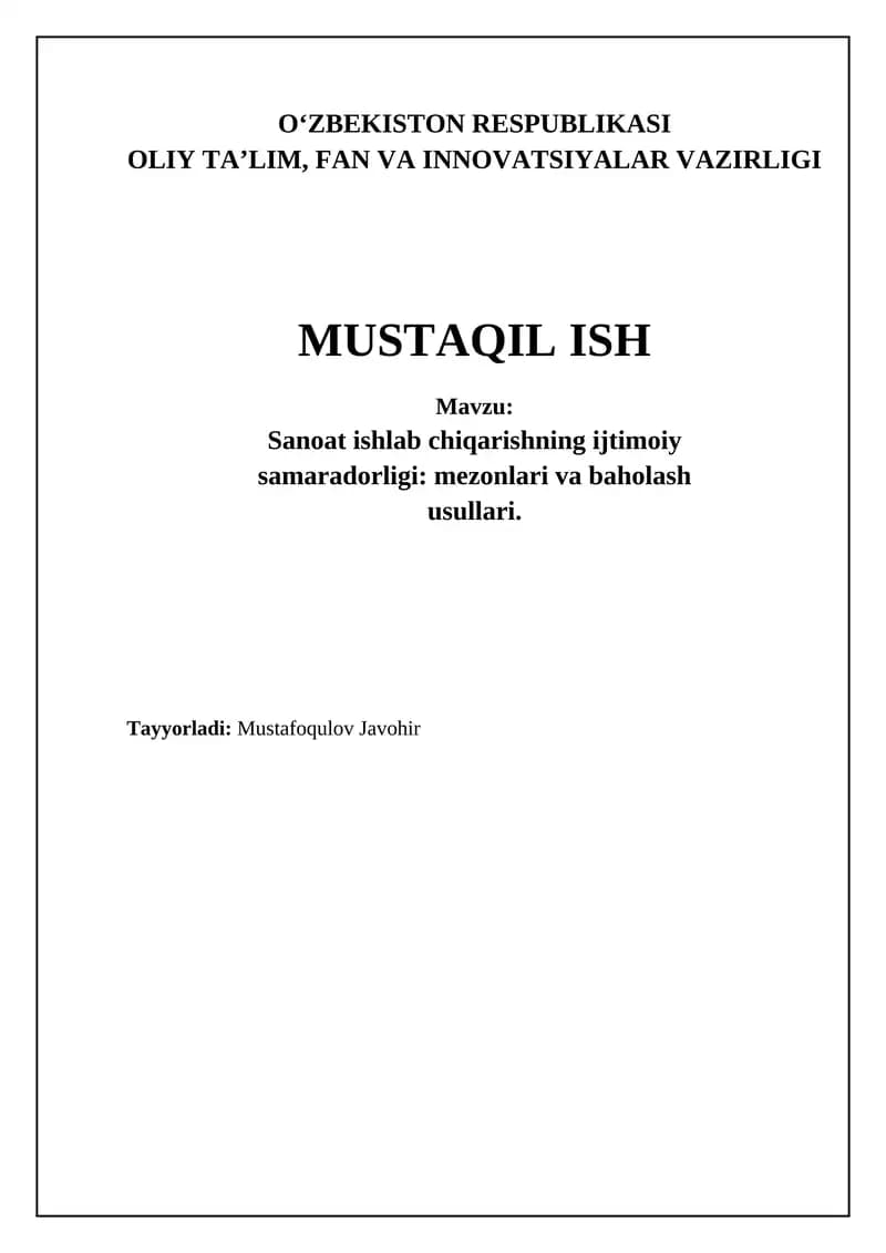 Sanoat ishlab chiqarishning ijtimoiy samaradorligi