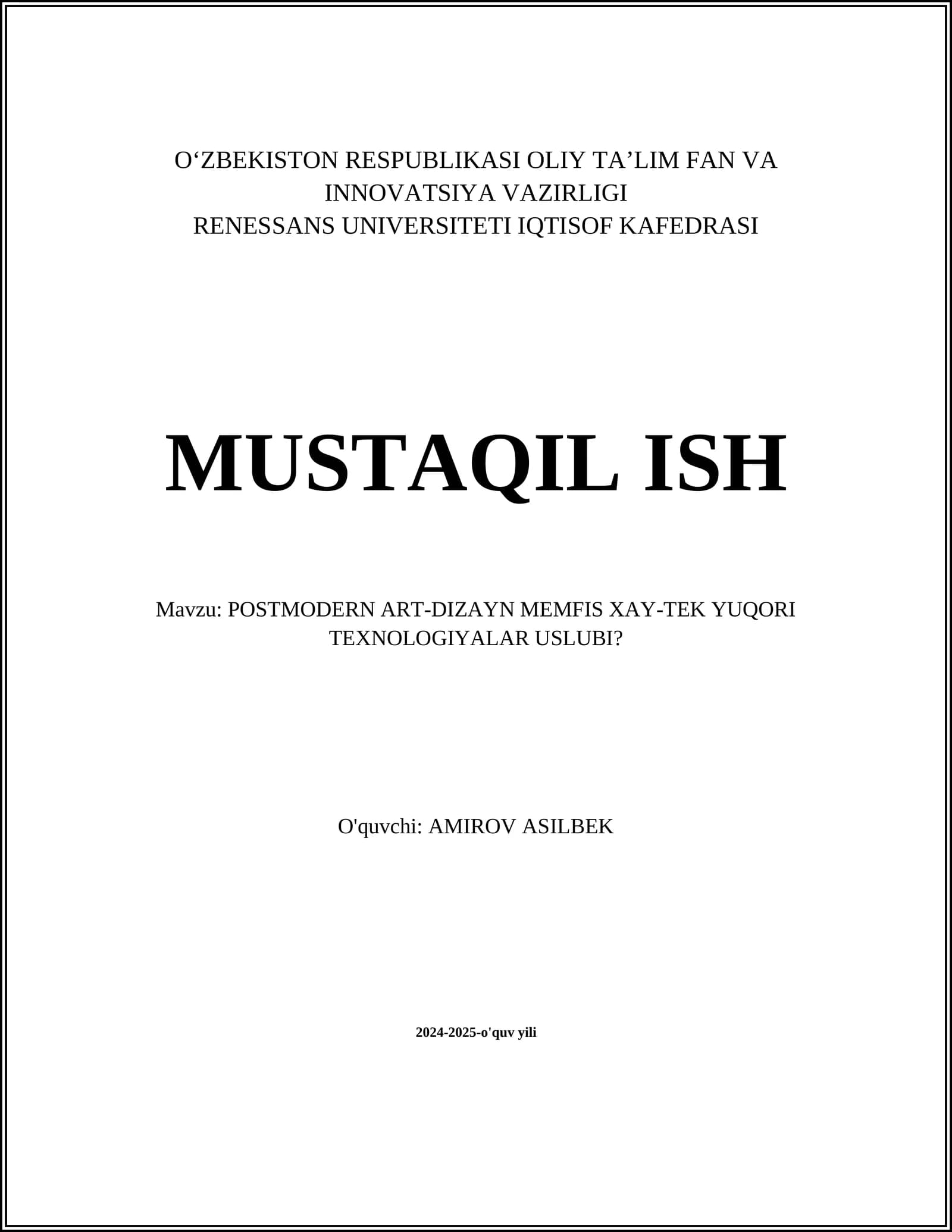 POSTMODERN ART-DIZAYN MEMFIS XAY-TEK YUQORI TEXNOLOGIYALAR USLUBI