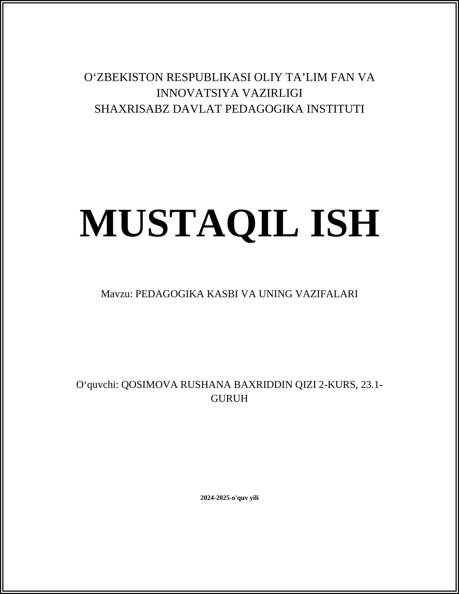 PEDAGOGIKA KASBI VA UNING VAZIFALARI