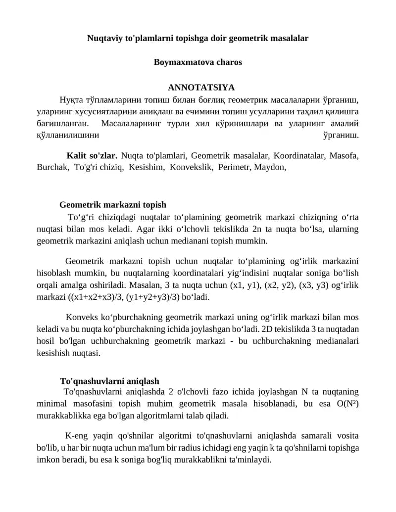 Nuqtaviy to'plamlarni topishga doir geometrik masalalar