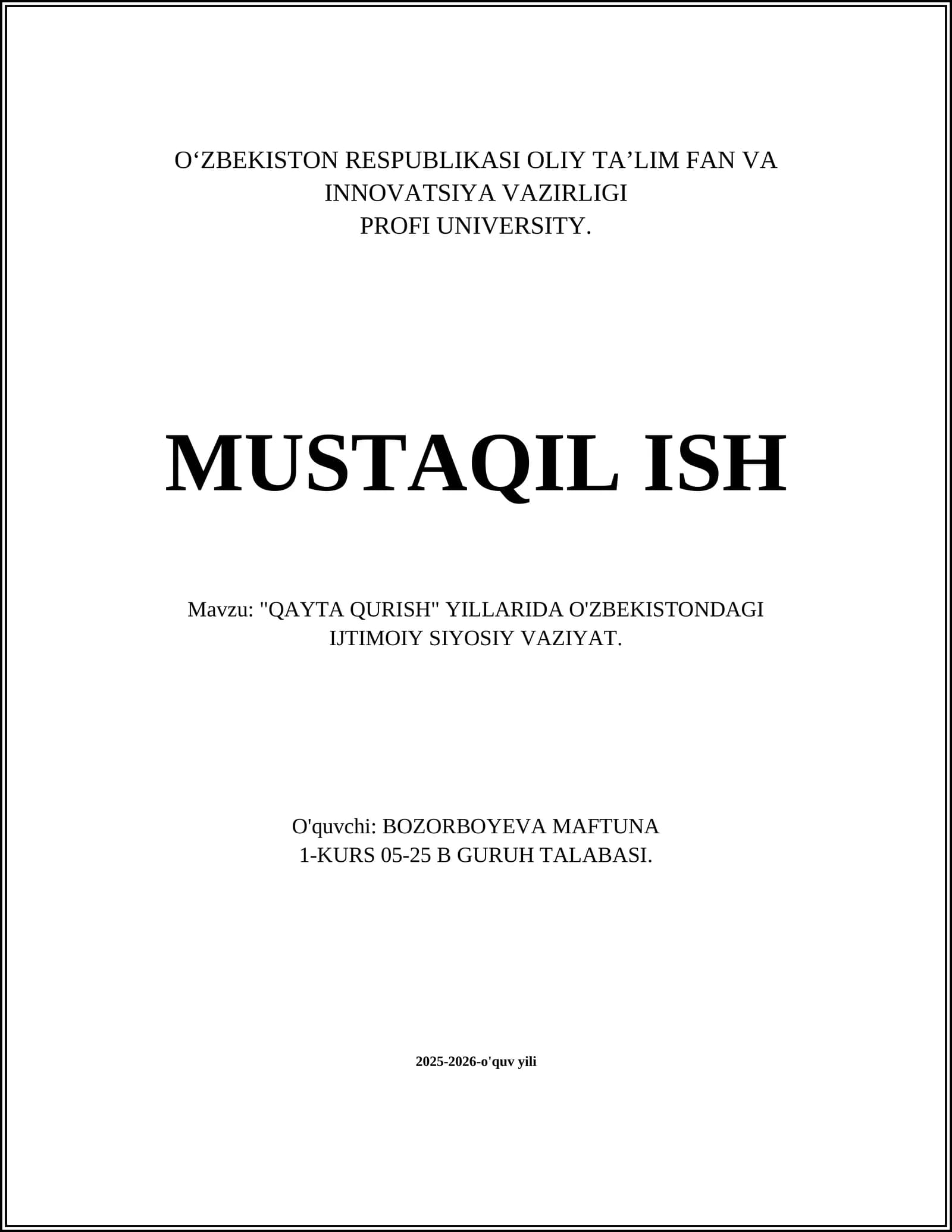 "QAYTA QURISH" YILLARIDA O'ZBEKISTONDAGI IJTIMOIY SIYOSIY VAZIYAT