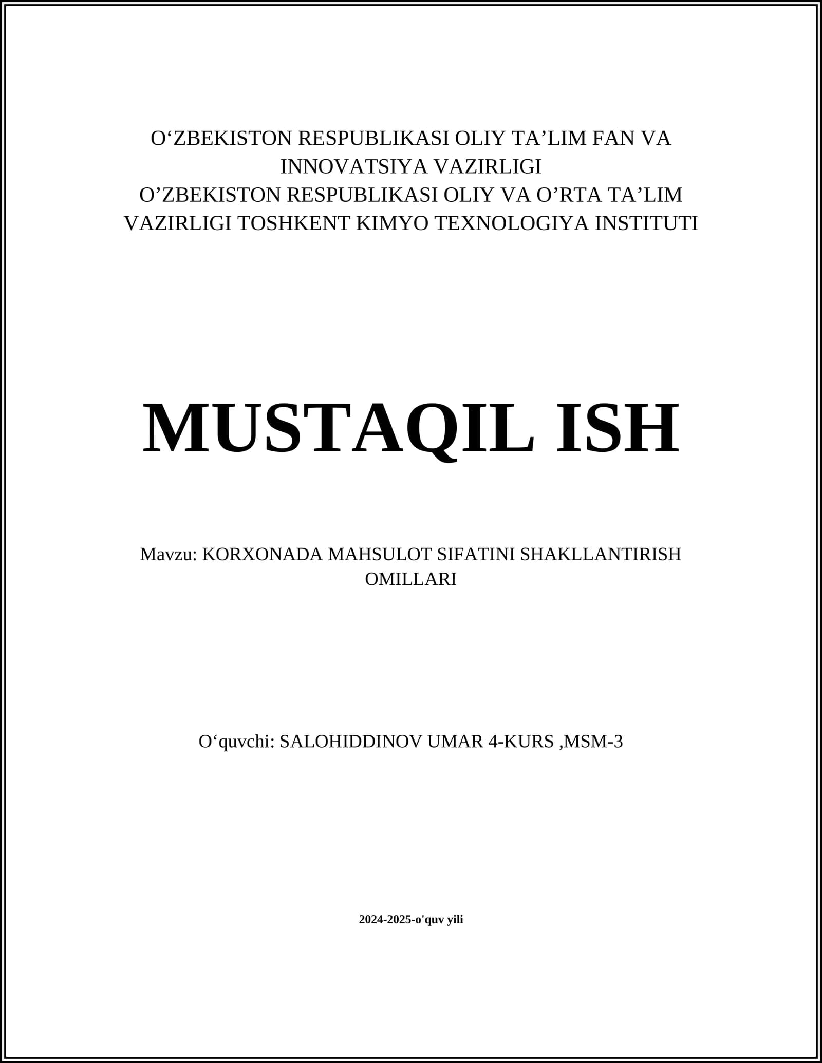 KORXONADA MAHSULOT SIFATINI SHAKLLANTIRISH OMILLARI