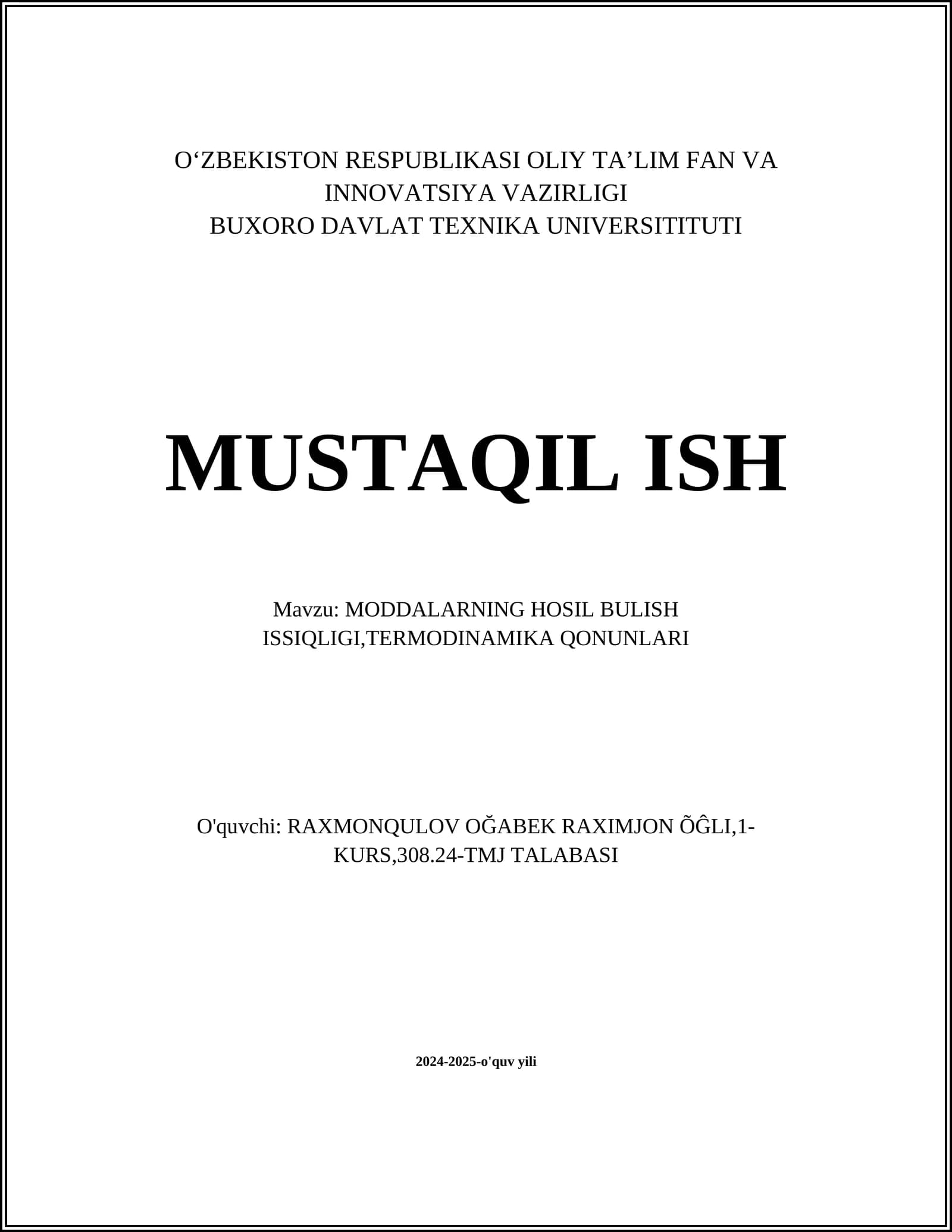 MODDALARNING HOSIL BULISH ISSIQLIGI,TERMODINAMIKA QONUNLARI