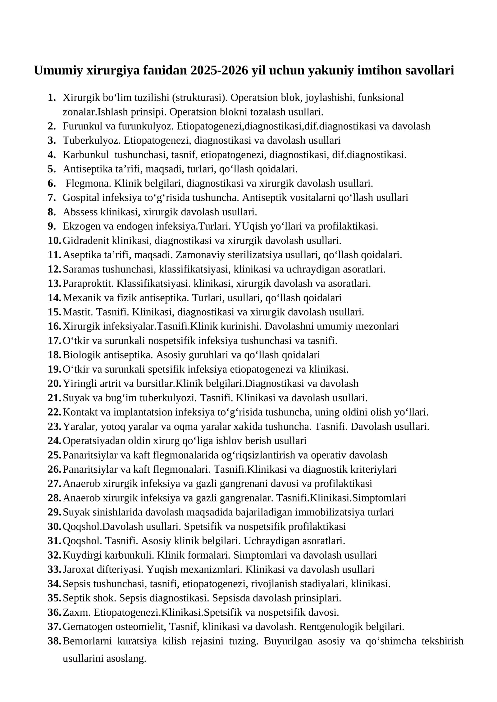 Umumiy xirurgiya fanidan 2025-2026 yil uchun yakuniy imtihon savollari