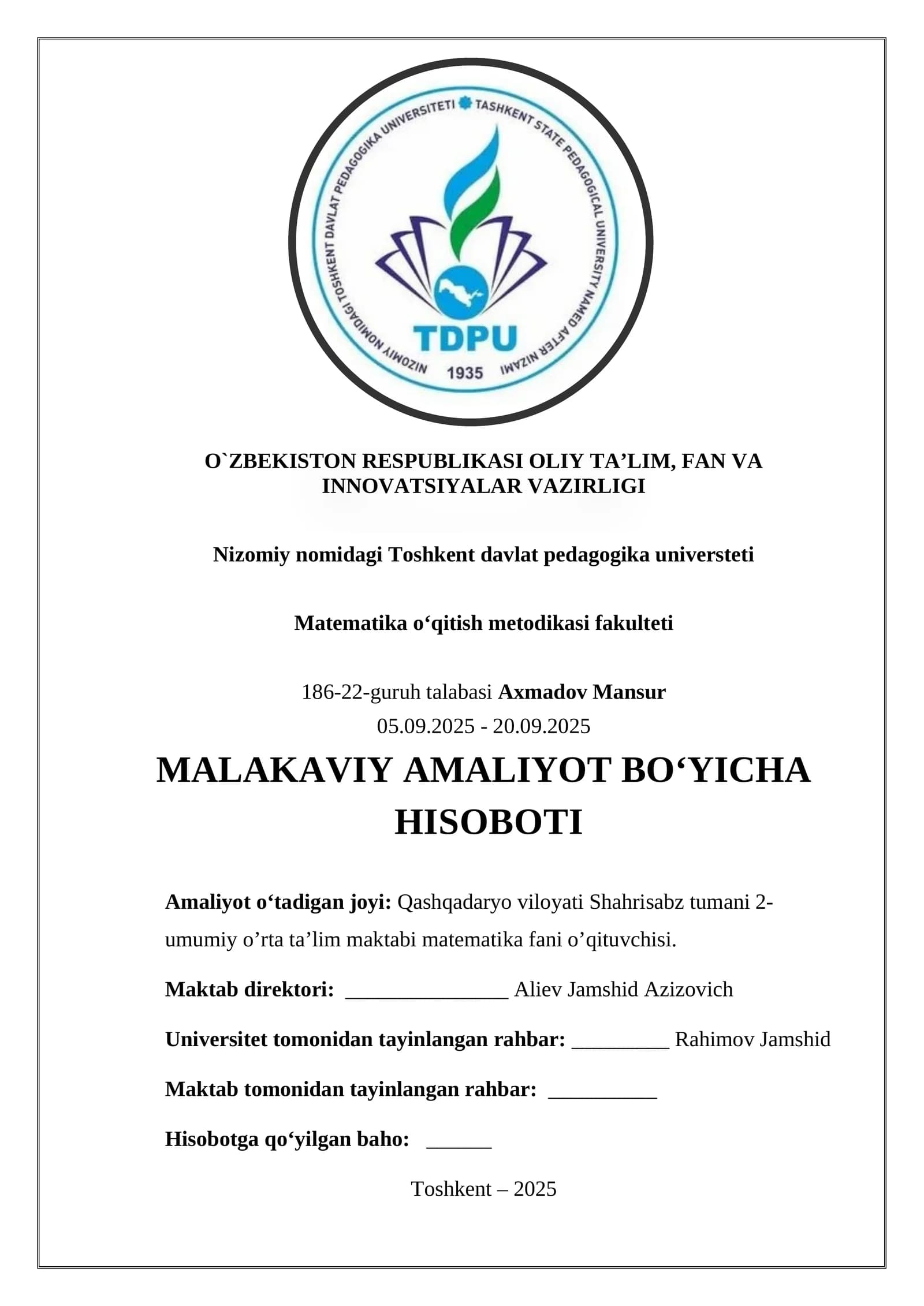 MALAKAVIY AMALIYOT BO‘YICHA HISOBOTI