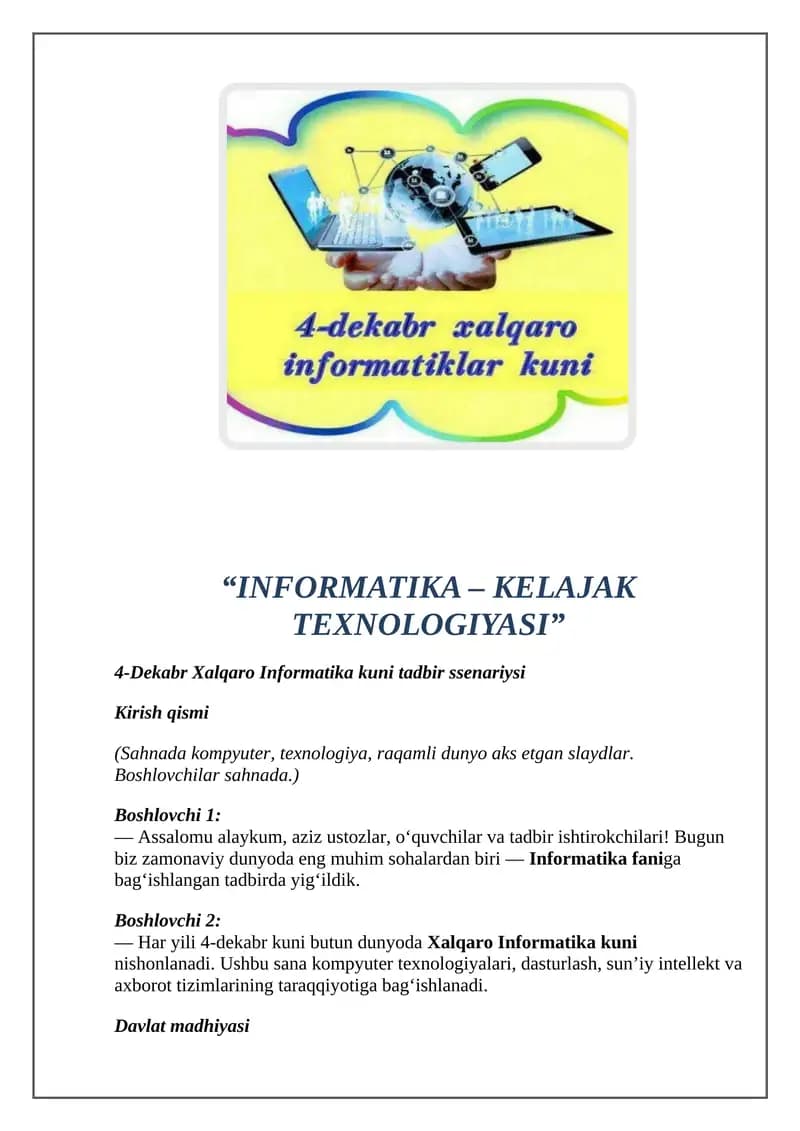 Xalqaro Informatika kuni tadbir ssenariysi