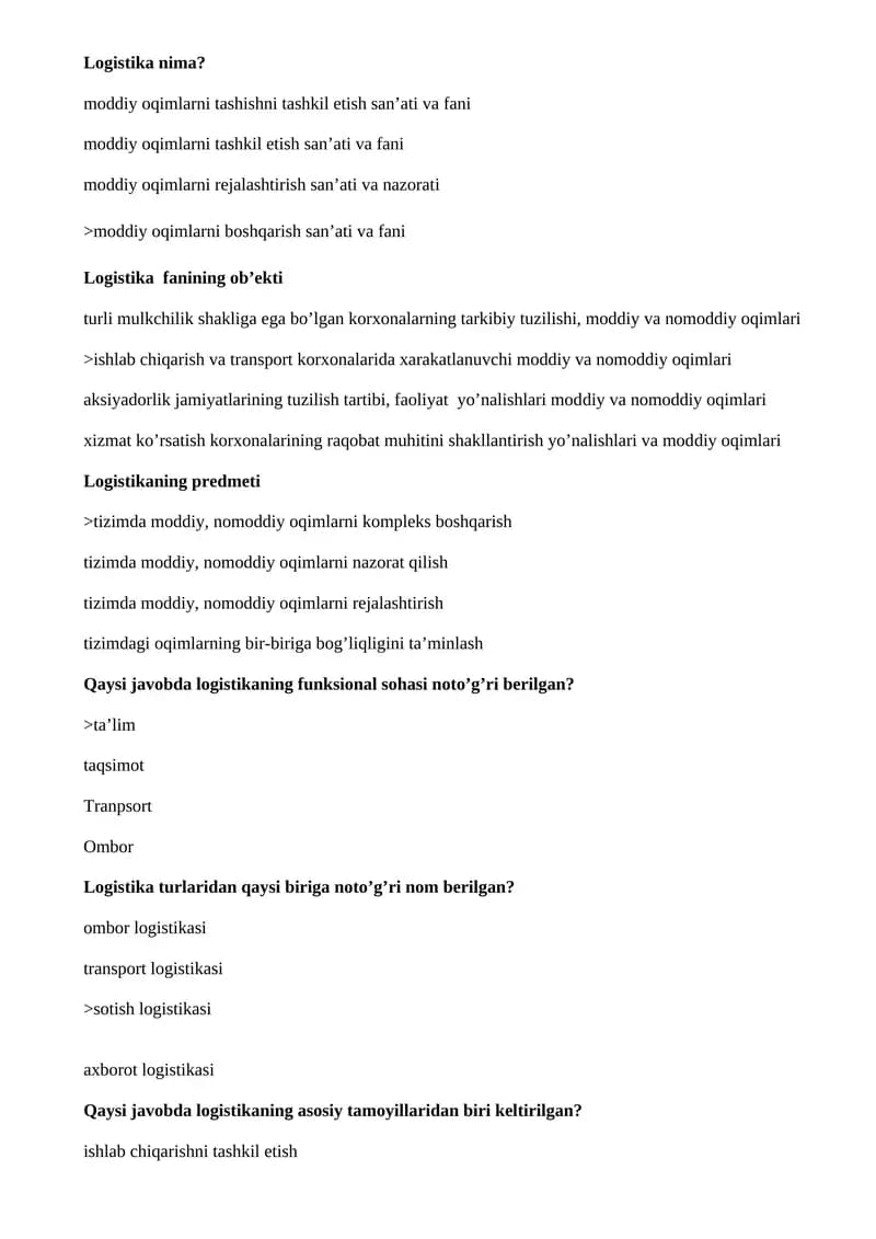 Logistika fanidan yakuniy nazorat uchun test javoblari va savollari