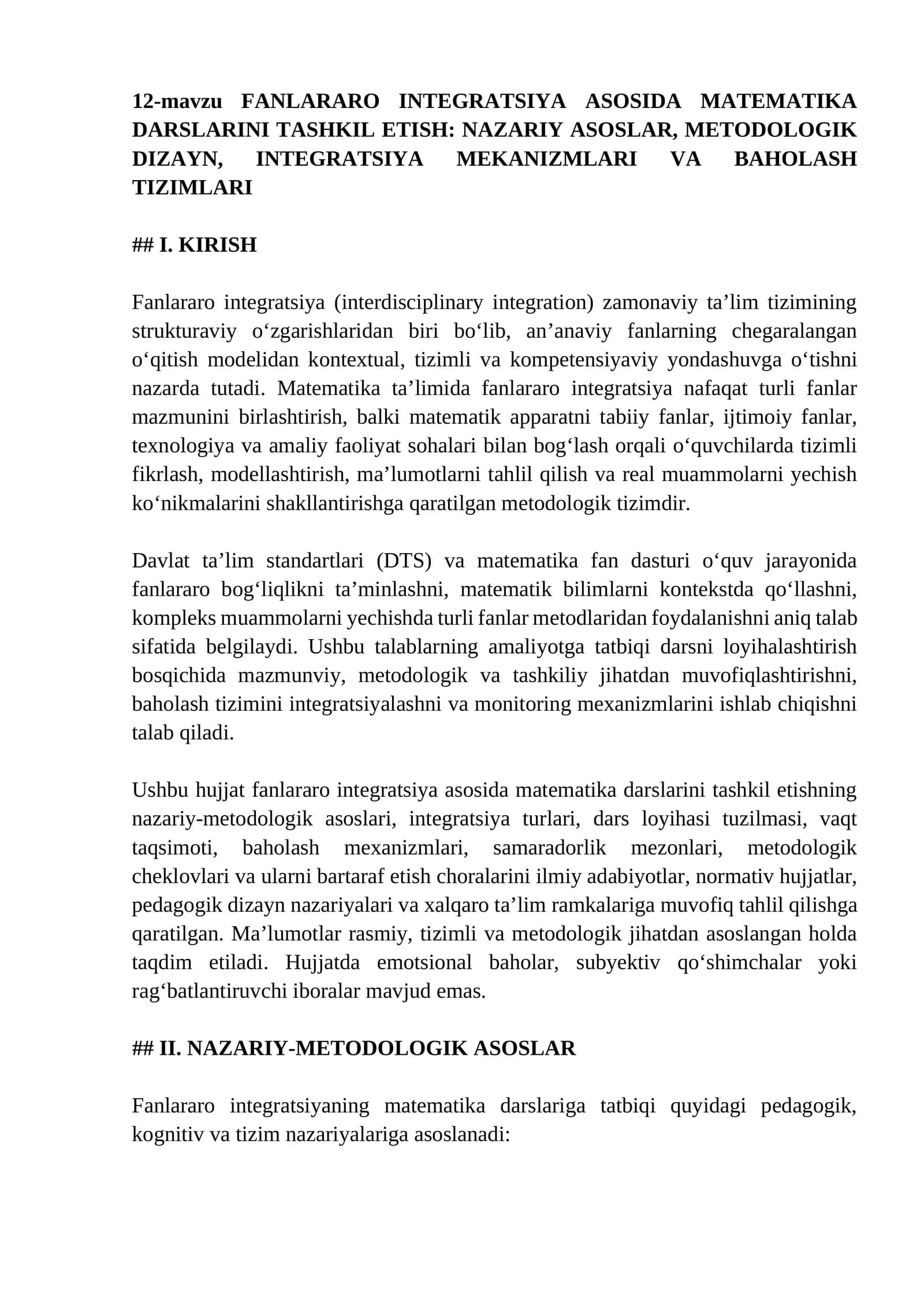 FANLARARO INTEGRATSIYA ASOSIDA MATEMATIKA DARSLARINI TASHKIL ETISH
