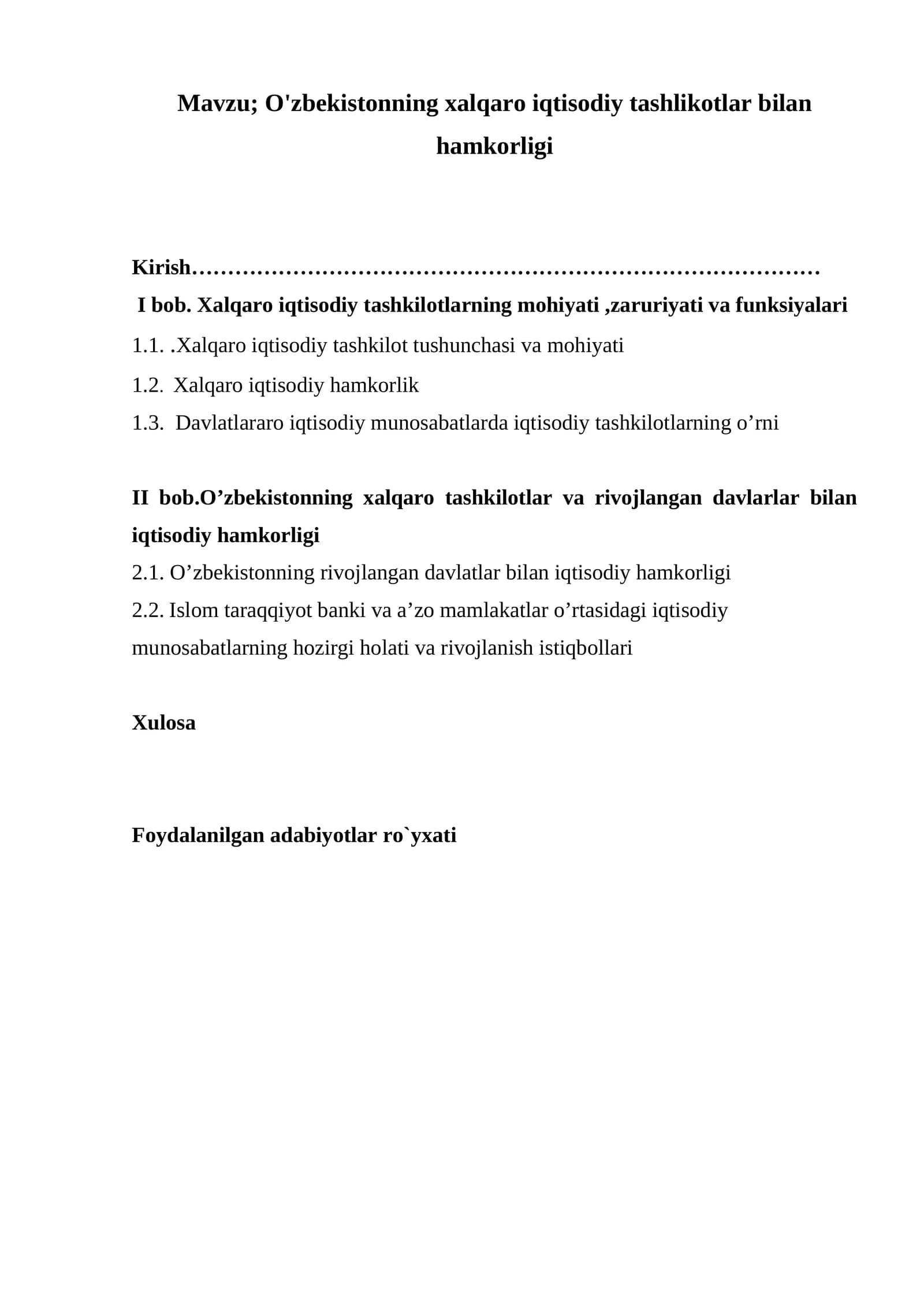 O'zbekistonning xalqaro iqtisodiy tashlikotlar bilan hamkorligi