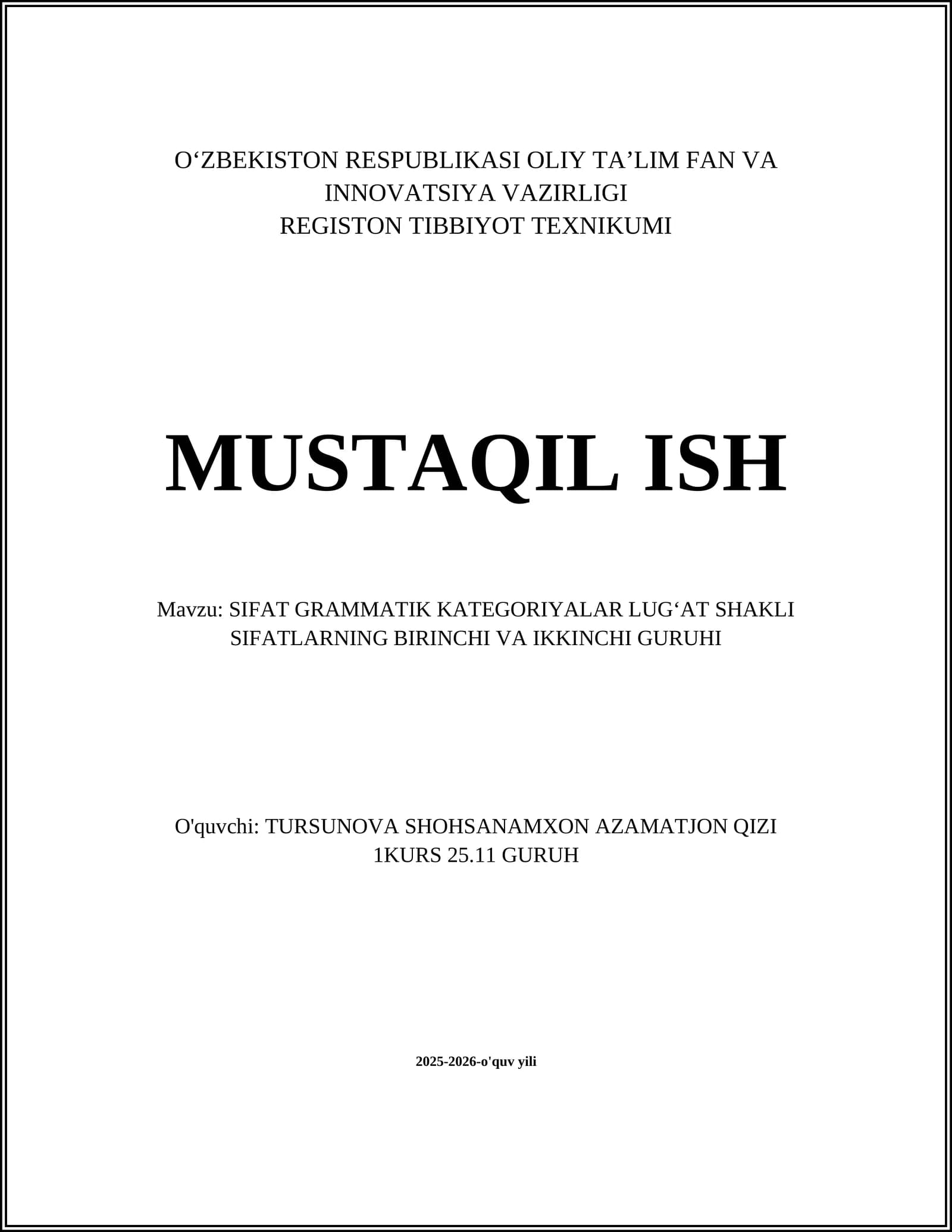 SIFAT GRAMMATIK KATEGORIYALAR LUG‘AT SHAKLI SIFATLARNING BIRINCHI VA IKKINCHI GURUHI