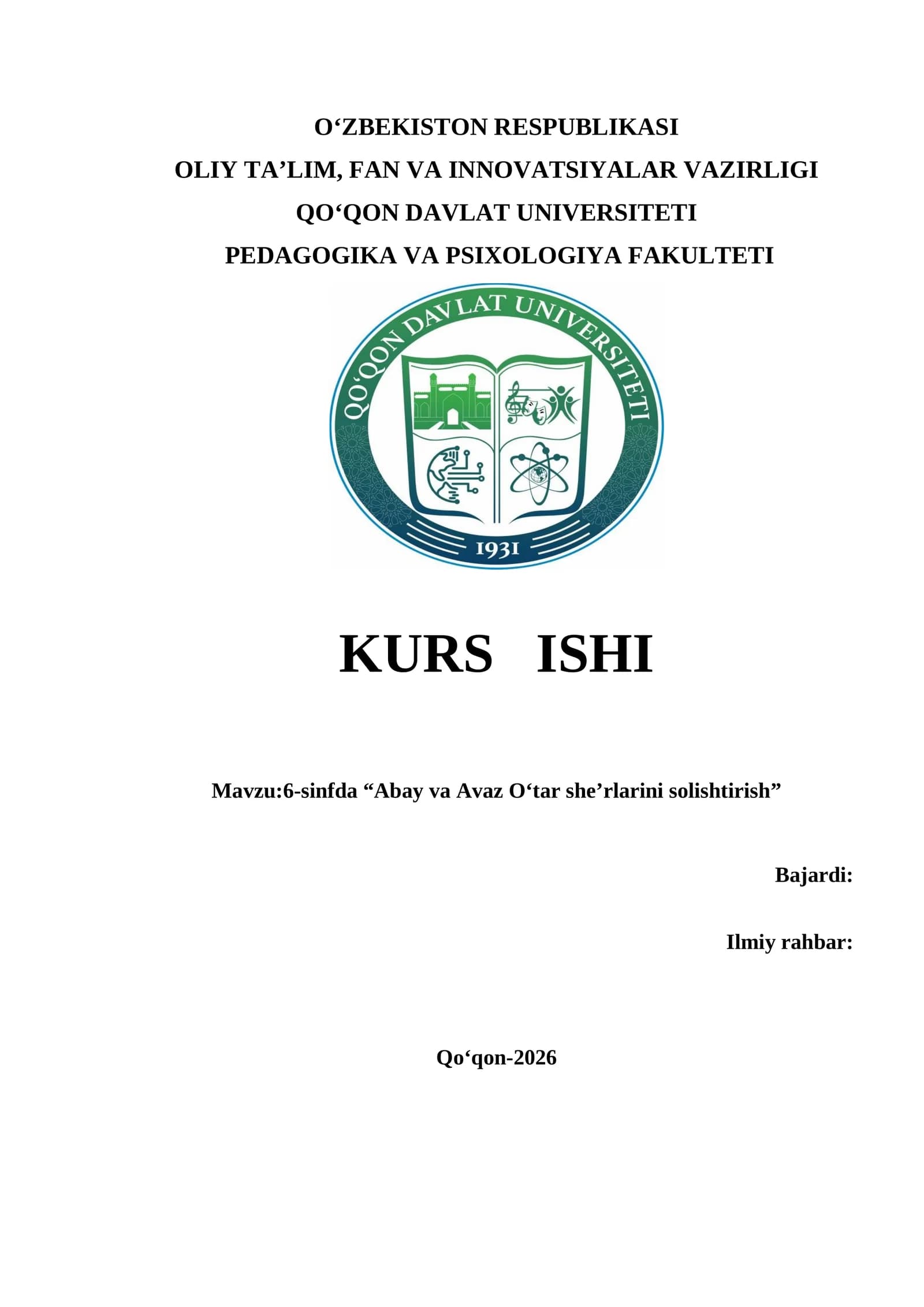 Abay va Avaz O‘tar she’rlarini solishtirish      kurs ishi