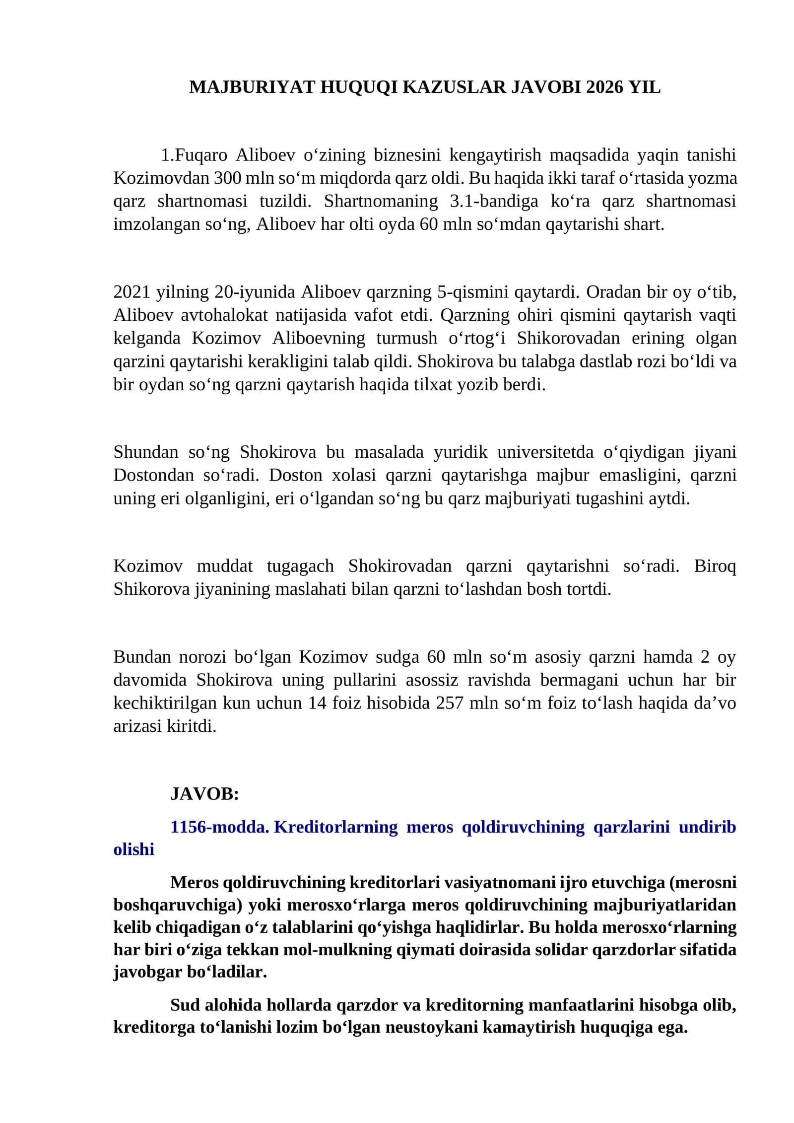 MAJBURIYAT HUQUQI KAZUSLAR JAVOBI 2026 YIL