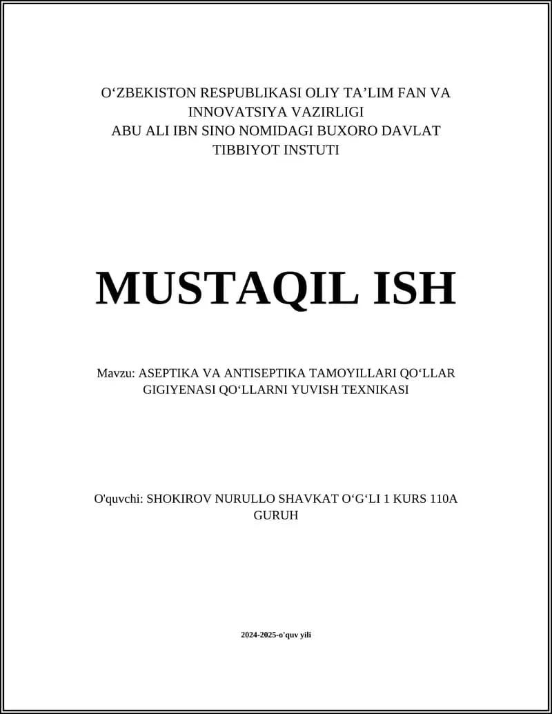 ASEPTIKA VA ANTISEPTIKA TAMOYILLARI QOʻLLAR GIGIYENASI QOʻLLARNI YUVISH TEXNIKASI