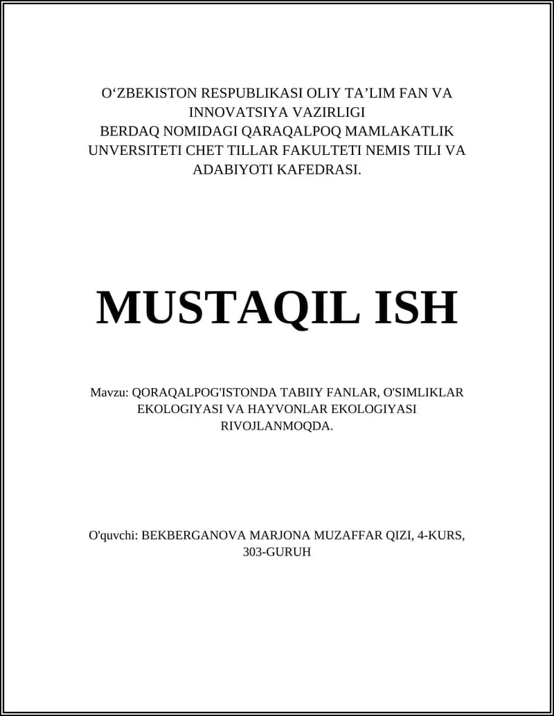 QORAQALPOG'ISTONDA TABIIY FANLAR, O'SIMLIKLAR EKOLOGIYASI VA HAYVONLAR EKOLOGIYASI
