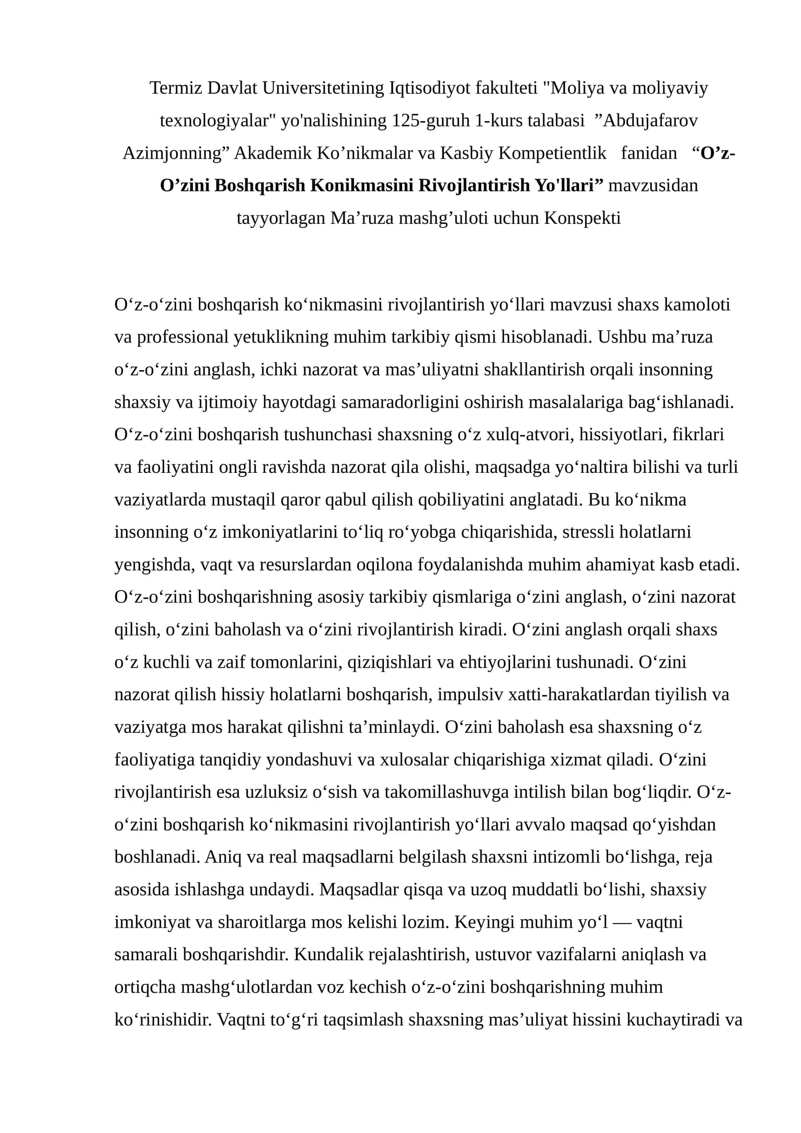 O‘z-O‘zini Boshqarish Konikmasini Rivojlantirish Yo'llari