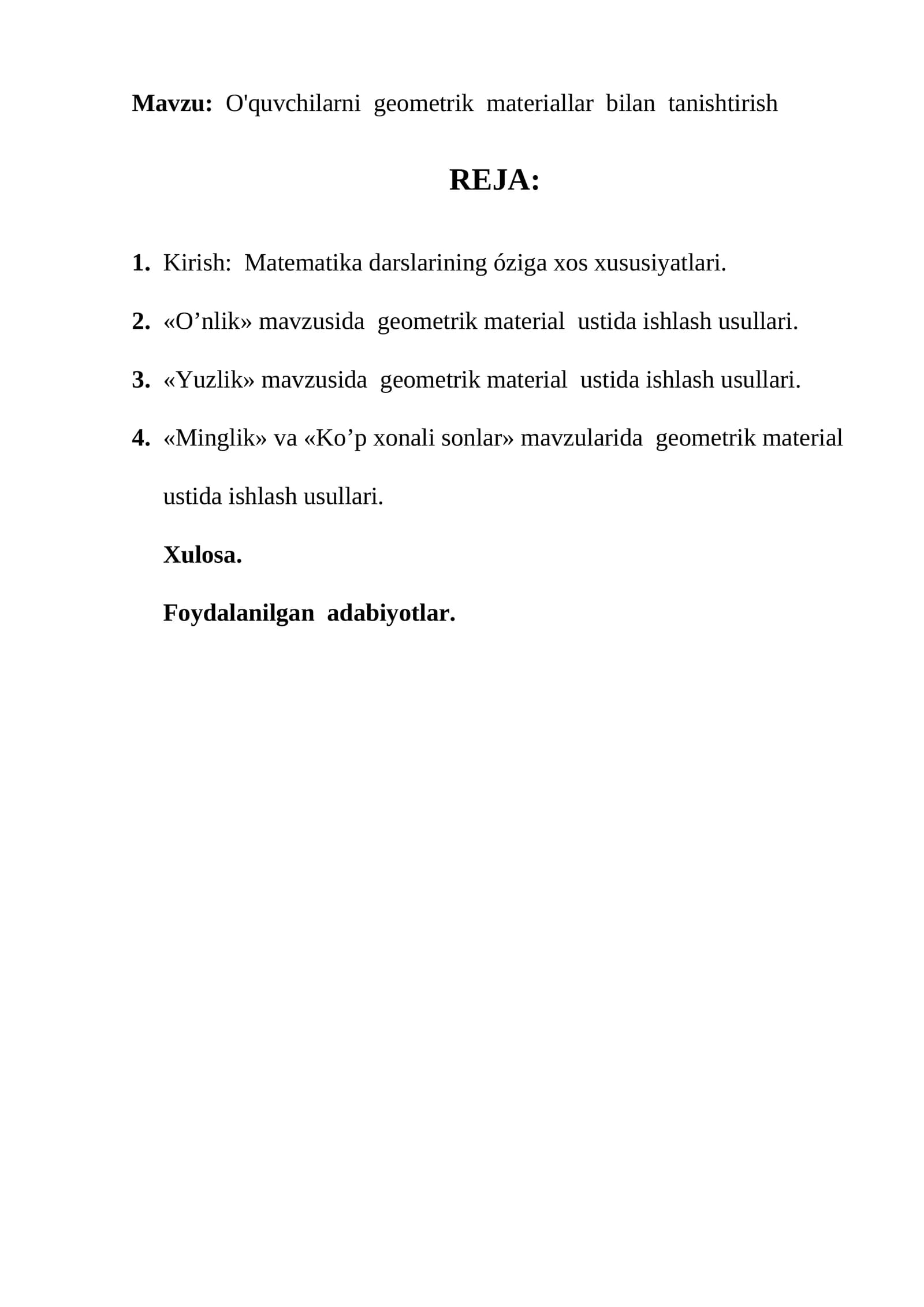 O'quvchilarni geometrik materiallar bilan tanishtirish